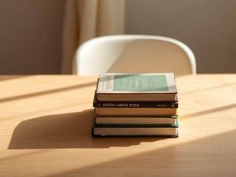 Kleiner Bücherstapel auf einem hellen Holztisch
