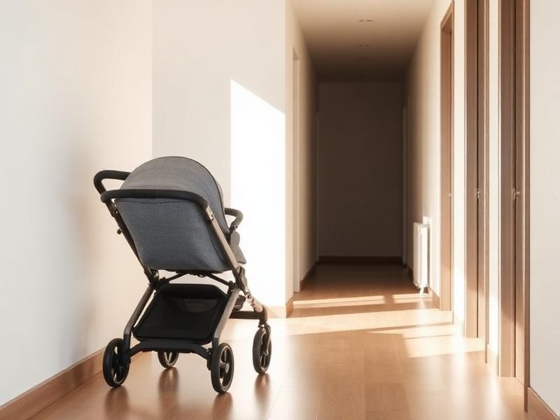 Grauer Kinderwagen in einem hellen Flur